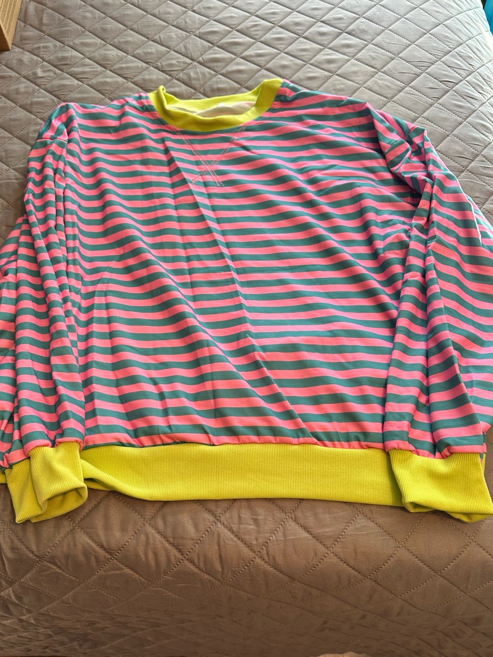 Retro oversized pink and teal striped sweatshirt size large